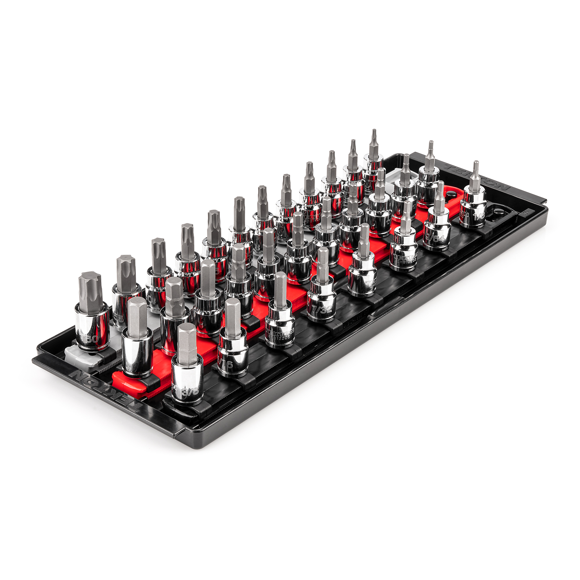 TEKTON 3/8 Inch Drive Hex and Torx Bit Socket Set with Rails and Tray, 31-Piece (1/8 - 3/8 in., 3 - 10 mm, T10 - T60) | SHB91203